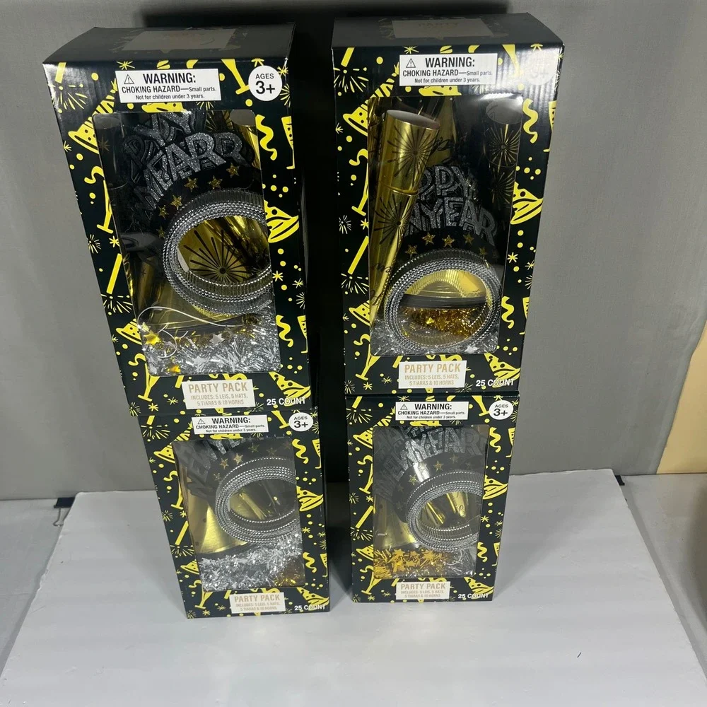 Festive Voice Party Pack Happy New Year- 25 Pcs - Set of 4 Black Gold Silver OS